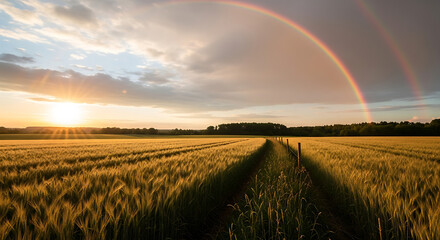 Spectacular double rainbow arching over a golden wheat field with a path leading towards the horizon at sunset.