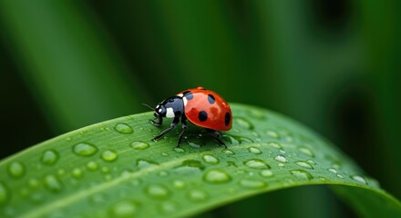 Obraz premium Vibrant Ladybug on Wet Leaf: Macro Shot with Raindrops, Nature's Beauty