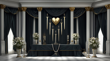 Our Lady of Sorrows Festival Elegant Black and Gold Religious Altar with Heart and Swords Symbolizing Virgin Mary’s Suffering during Holy Week Celebration
