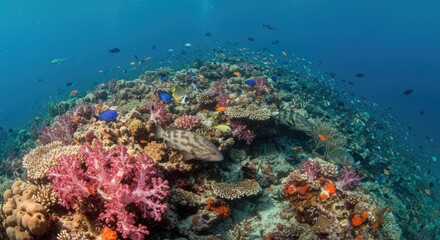 Obraz premium Vibrant Coral Reef Ecosystem: Underwater Scene with Diverse Fish and Marine Life.