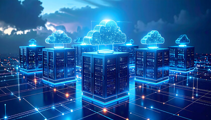 Digital Cloud Computing Network with Futuristic Blue Lights and Abstract Design