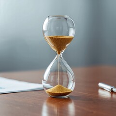 Glass Hourglass with Flowing Sand on Wooden Office Desk
