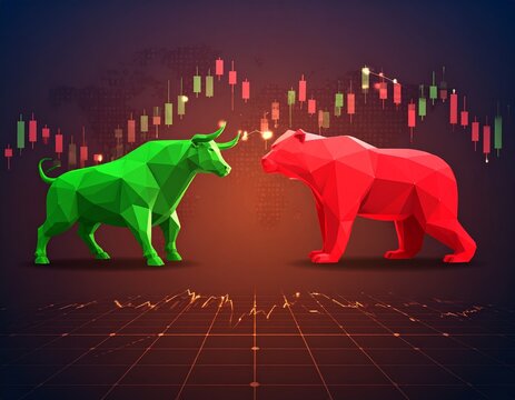 Green bull and red bear face off over candlestick chart and line graph symbolizing market optimism, volatility, and financial tension - Powered by Adobe
