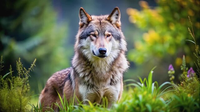 
A magnificent grey wolf standing alertly in a green, grassy field with a blurred forest background.