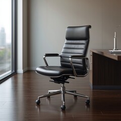 Black Office Chair with Leather Finish in Modern Workspace Interior