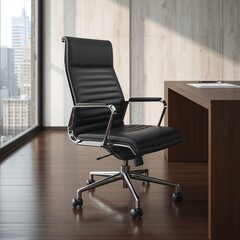 Black Office Chair with Leather Finish in Modern Workspace Interior