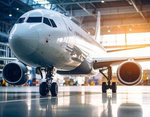 Obraz premium Close-up of airplane nose, engines, and landing gear inside hangar, highlighting aircraft engineering and maintenance environment.