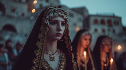 Beautiful Women in Traditional Black and Gold Attire Participating in Our Lady of Sorrows Festival Night Candle Procession
