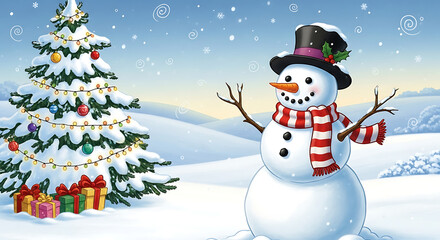 Fototapeta premium A christmas scene with a snowman wearing a hat and scarf next to a decorated christmas tree outdoors