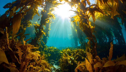 Sunlight streaming through dense underwater kelp forest creating illuminated water column environment