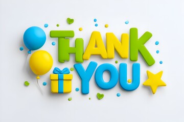 Cheerful 3d thank you and thank dad text design with balloons, stars and gift boxes for celebration, appreciation, gratitude, father’s day and special occasions.