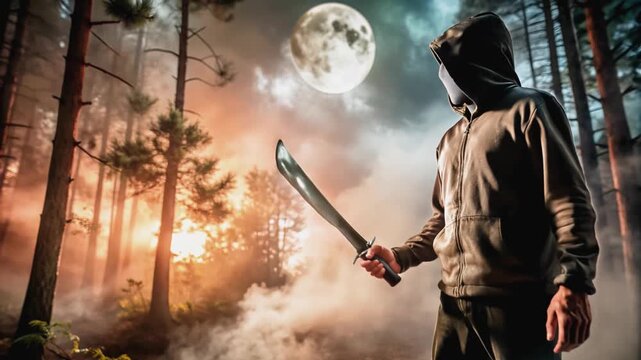 A mysterious figure in a hoodie and face mask holding a machete in a foggy, eerie forest at night.