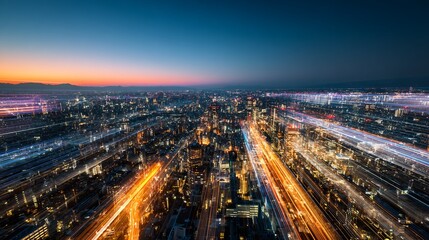 Fototapeta premium Night Cityscape with Light Trails and Sunset