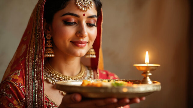Bride holding diya plate during Deepawali pooja