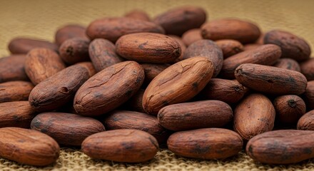 Raw cocoa beans spilling from a sack, rustic texture and organic feel, perfect for chocolate and culinary backgrounds.