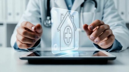 Doctor using tablet with home health icon overlay on screen in a medical office setting scene - Powered by Adobe