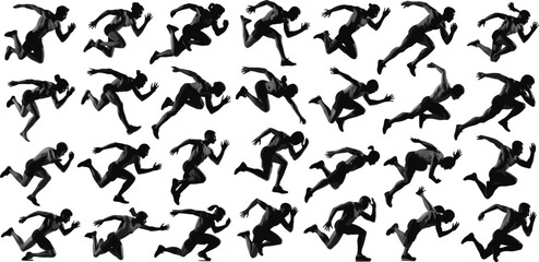 Running silhouette poses, sprint motion sequence, athlete biomechanics, dynamic human movement, sports training reference, vector illustration, animation frames, black figure template