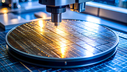 Close Up Shot of Semiconductor Wafer Being Processed by a Precision Machine in Industrial Setting with Orange Light