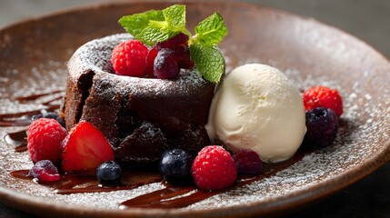 Close-up of chocolate lava cake with ice cream scoop and berry garnish on ceramic plate 