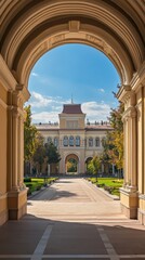 Historic university entrance framed by columns
