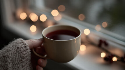 Obraz premium minimalist atmosphere celebrating christmas in usa featuring hand holding warm cup of mulled wine against backdrop