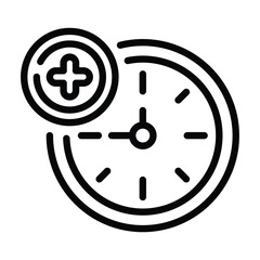 Black  white icon of a clock with short hand on 9 and a small plus icon at top left, web icons in line style. Editable stroke