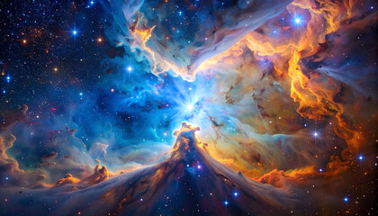 Vibrant Nebula Formation With Intense Blue And Orange Hues Against A Starry Black Background Illuminating The Vast Universe