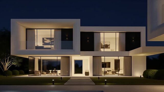 Modern two-story house with a flat roof and large windows, illuminated at night, showcasing interior details and landscaping.