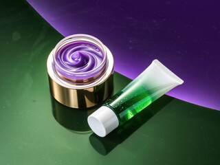 Halloween Minimal Product and Food: Purple-Green Gel Lighting Cosmetics