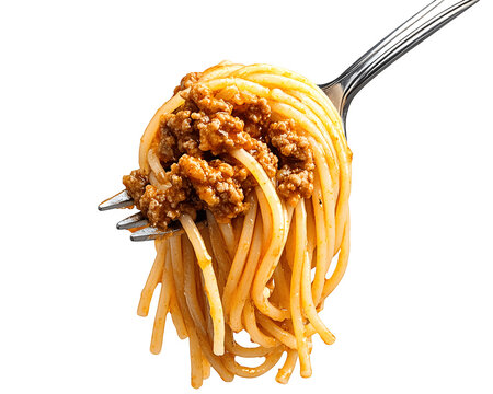 A fork holding a tangle of spaghetti topped with a rich meat sauce