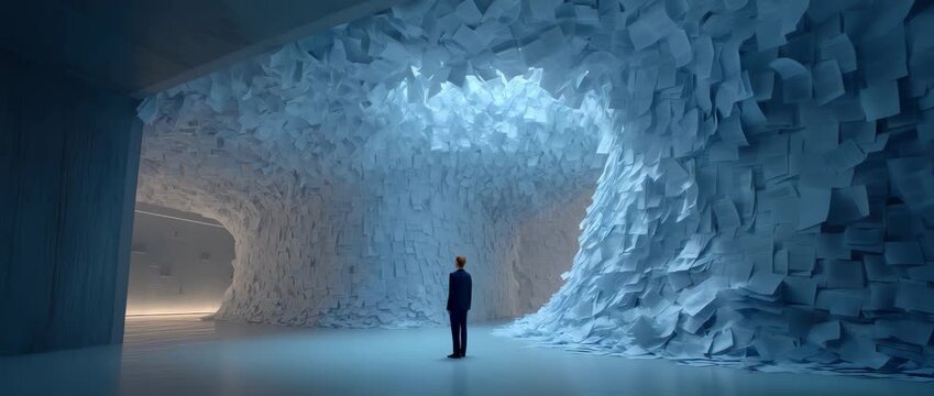 A solitary person confronts an overwhelming accumulation of paperwork in a cavernous space