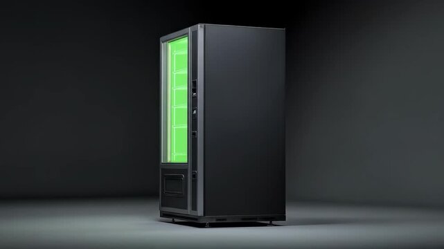 Sleek Modern Vending Machine with Green Screen Display Rotating in a Dark Studio