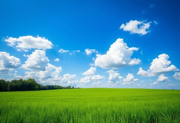 Obraz premium Serene green field under a vibrant blue sky dotted with fluffy white clouds, bright, art