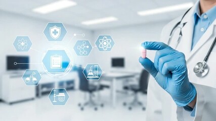 Doctor holding pill with medical icons in a bright clinical setting with stethoscope visible - Powered by Adobe