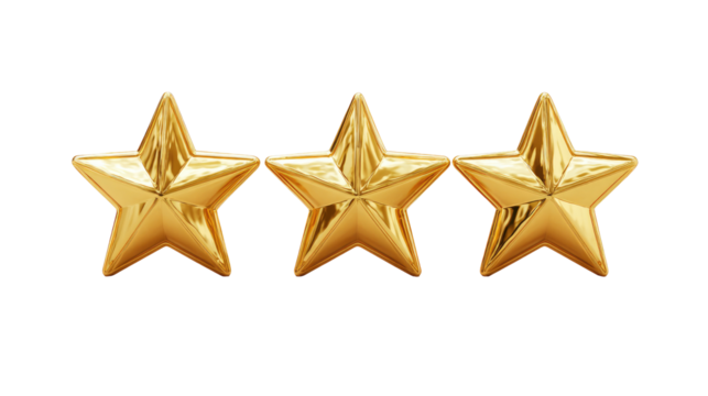 Three Golden Rating Stars isolated on transparent background Remove png, Clipping Path, pen tool