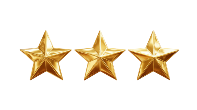 Three Golden Rating Stars isolated on transparent background Remove png, Clipping Path, pen tool