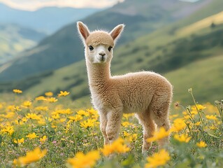 Obraz premium Baby alpaca standing in a mountain meadow filled with vibrant wildflowers