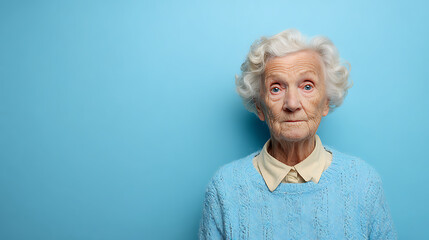 Elderly woman with curly white hair wearing a blue sweater against a solid blue background