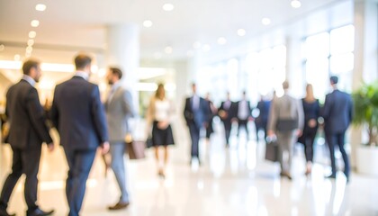 Blurry image of a group of business people standing in the office lobby. Business and diversity. Detailed high quality image. 
