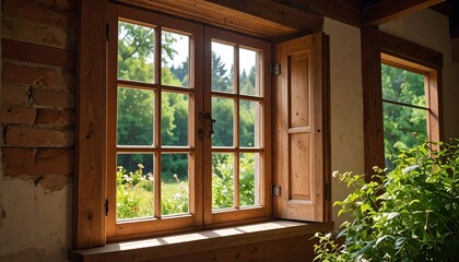 Wooden window overlooking a green landscape