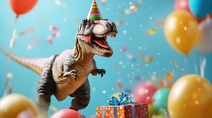 Celebrating Prehistoric Joy: Dinosaur's Birthday Bash with Balloons and Gifts