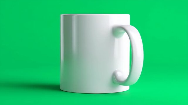 Seamless 360-degree looping animation of a blank white coffee mug rotating on a vibrant green screen background for mockups.