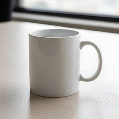 Obraz premium Plain white ceramic coffee mug mockup on a wooden tabletop with a bright window background, perfect for custom designs.