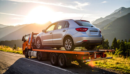 Silver Car Being Transported On An Orange Tow Truck On Mountain Road With Sunset In Background