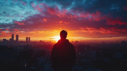 Fototapeta premium Contemplative figure silhouetted against a fiery cityscape at the cusp of dawn