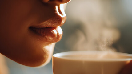 Savoring the Aroma: A close-up shot of a person delicately holding a steaming cup, capturing the essence of warmth, comfort, and the pleasure of a perfect drink.