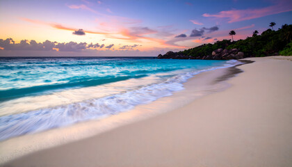 Obraz premium Serene Tropical Beach Scene At Sunset With Calm Ocean Waves And Golden Sand Under A Vibrant Pink And Blue Sky