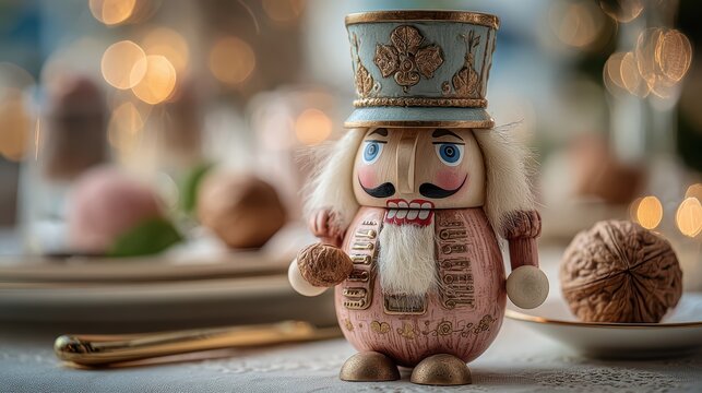 Decorative nutcracker figurine on a festive dining table setting