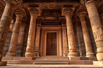 Fototapeta premium Temple Interior with Stone Pillars and Door 