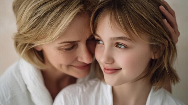 A short-haired woman in a white robe, standing beside her blonde mother with brown eyes and bangs